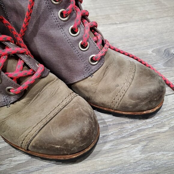 SOREL Women's PDX Boots Khaki Leather Canvas hidden Wedge Heel Lace Up Sz 9 READ - Picture 16 of 16
